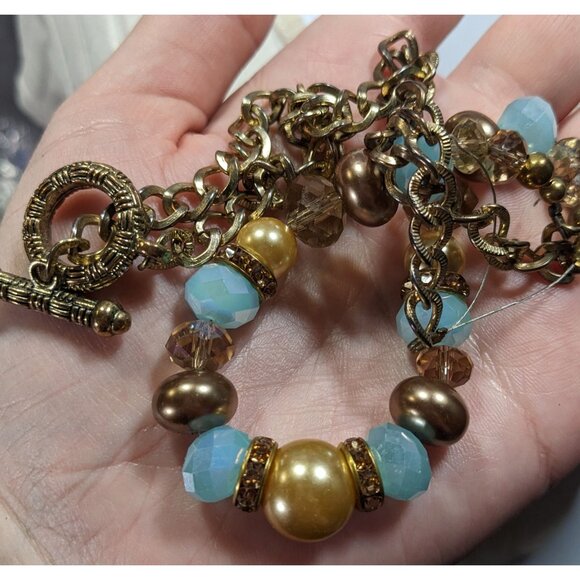 Handmade Glam Glass And Faux Pearl Beaded Blue And Gold Tone Necklace - Picture 3 of 6